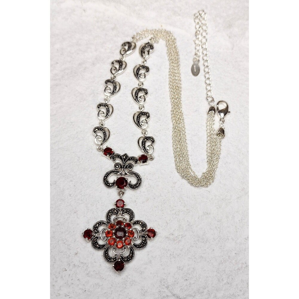 Ornate Garnet CZ Marcasite Silver Filigree Pendant Necklace Signed - Picture 10 of 12